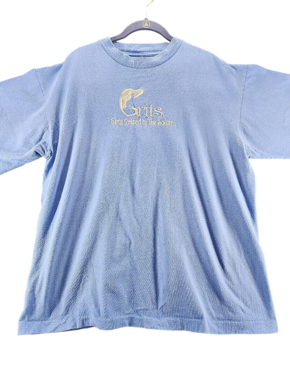 Oneita Womens Graphic T-Shirt Blue Size Large 100% Cotton Short Sleeve Pullover